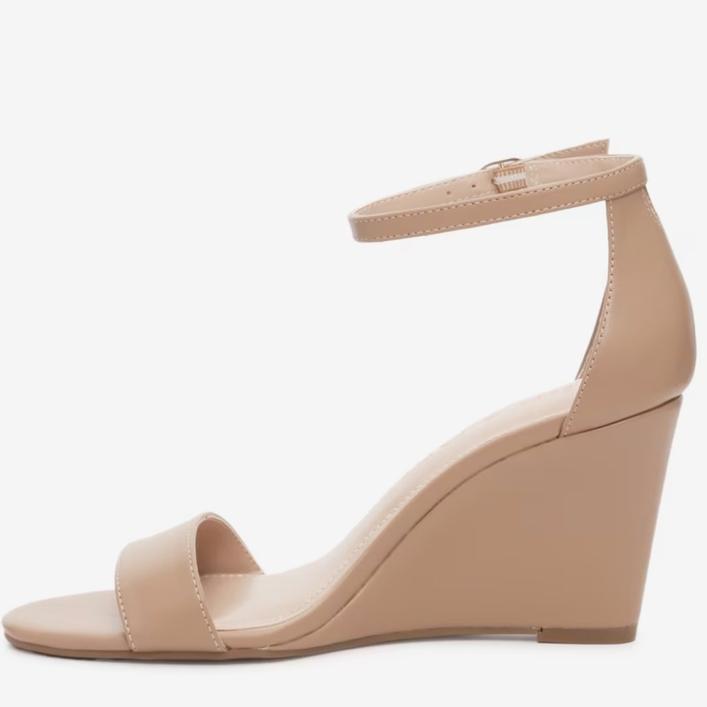KELLY & KATIE • Warm Taupe Tan Baby Lambskin Himesta Wedge Sandal Heel - Picture 3 of 10